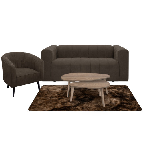 Combo Sofá Ariel + Poltrona Montecarlo + Mesa de Centro Anidada Julie + Tapete Fluffy Mediano